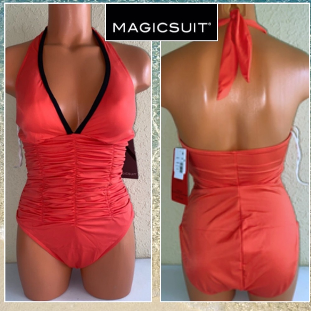 MagicSuit Kara Halter One Piece Swimsuit Flamingo Orange Ruched Slimming Size 8